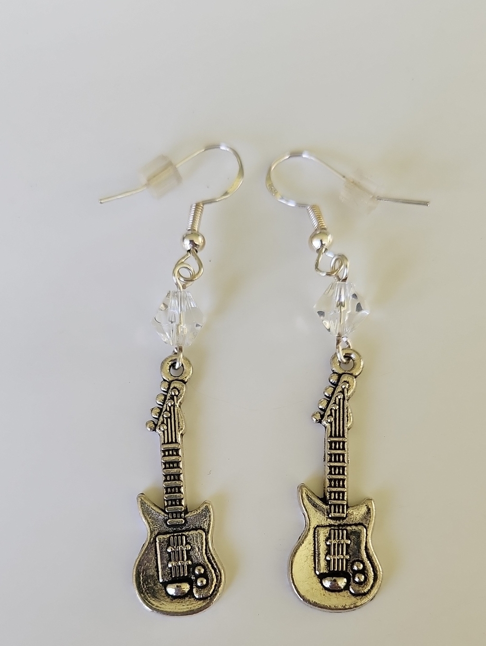 Silver Guitar Dangle Earrings with Clear Crystal Beads!